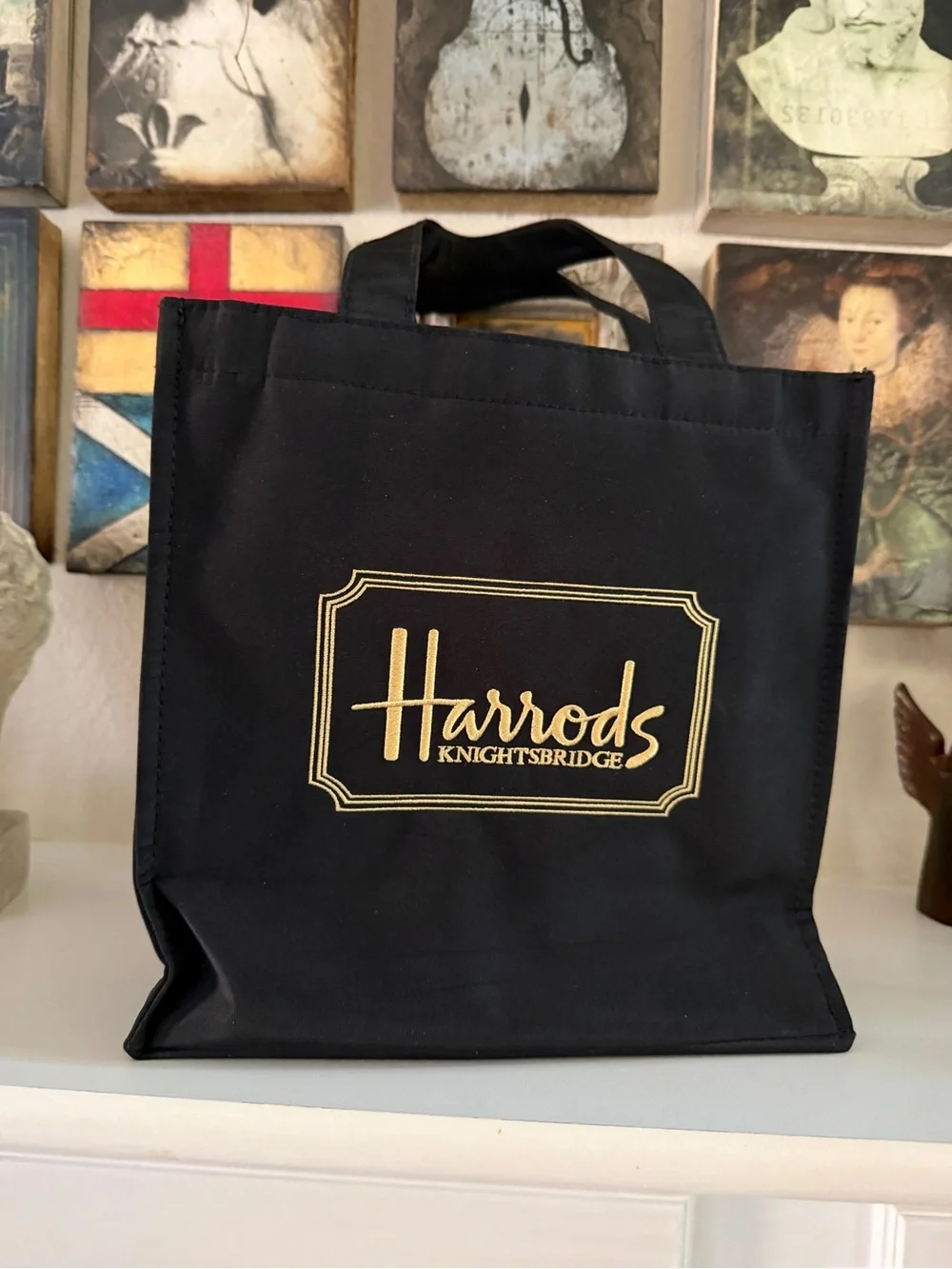 Harrods Nylon Tote Bag 10x10 Gold Embossed Logo‎ Shopper Travel Bag
